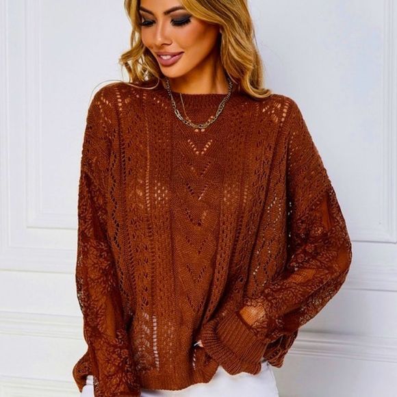 NWT! CONTRAST LACE POINTELLE KNIT DROP SHOULDER SWEATER IN RUST! - Picture 8 of 12